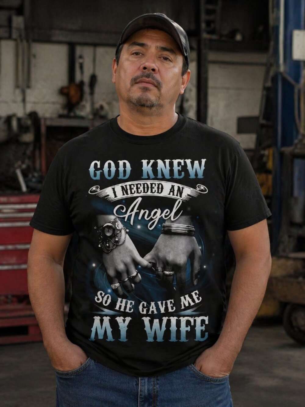 NWT Mens XL Black Cotton Tee - God Knew I Needed An Angel So He Gave Me My Wife